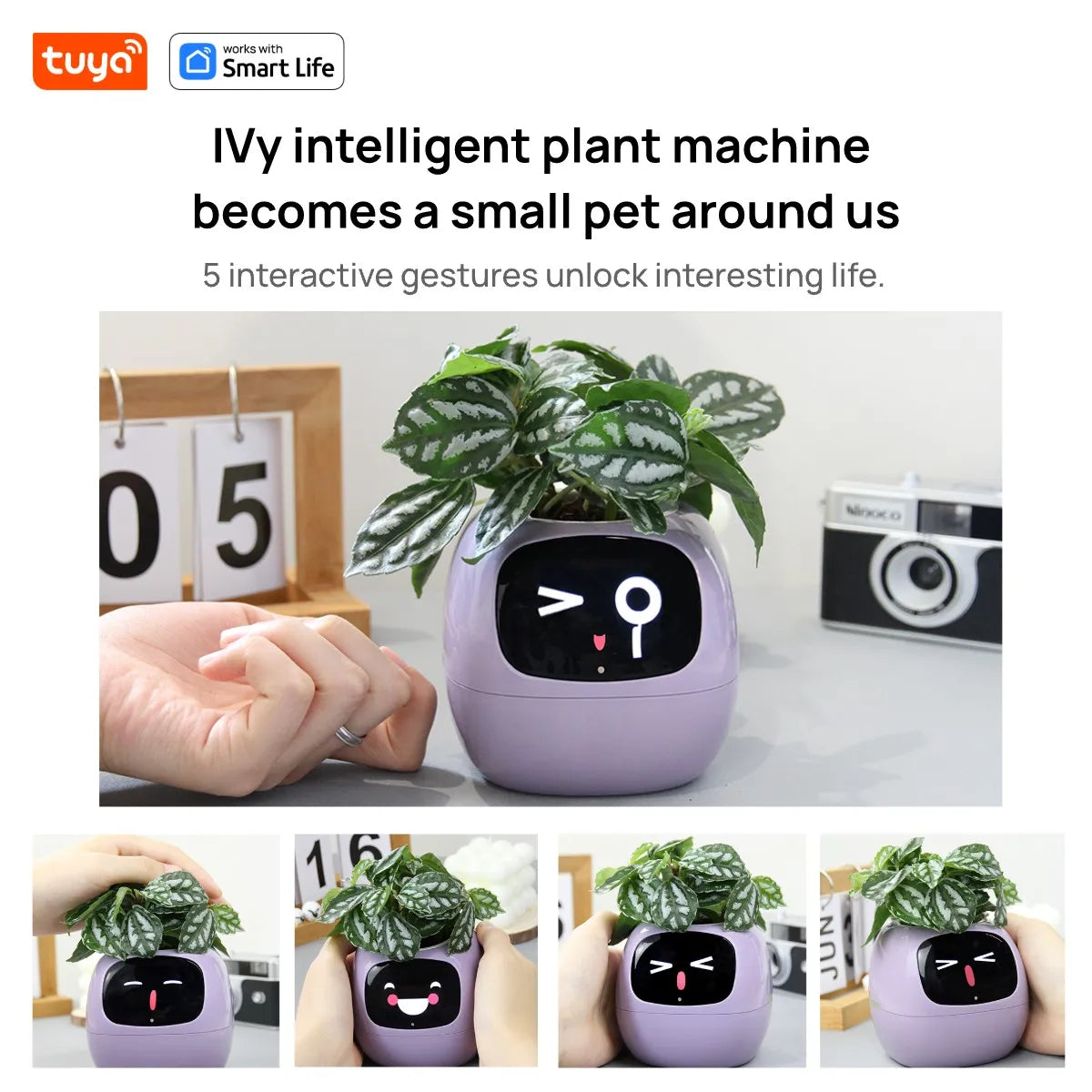 pink Tuya Ivy Smart Planter,Endless Fun Over 49 Rich Expressions,7 smart sensors and AI Chips Make Raising Plants Easy and Fun